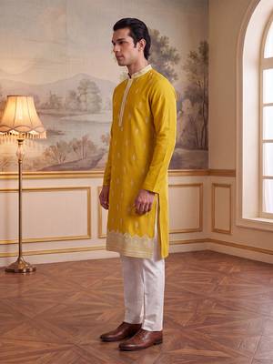 Mens yellow silk blend solid embroidered kurta 3