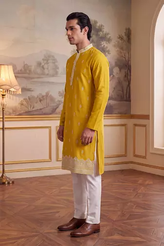 Mens yellow silk blend solid embroidered kurta
