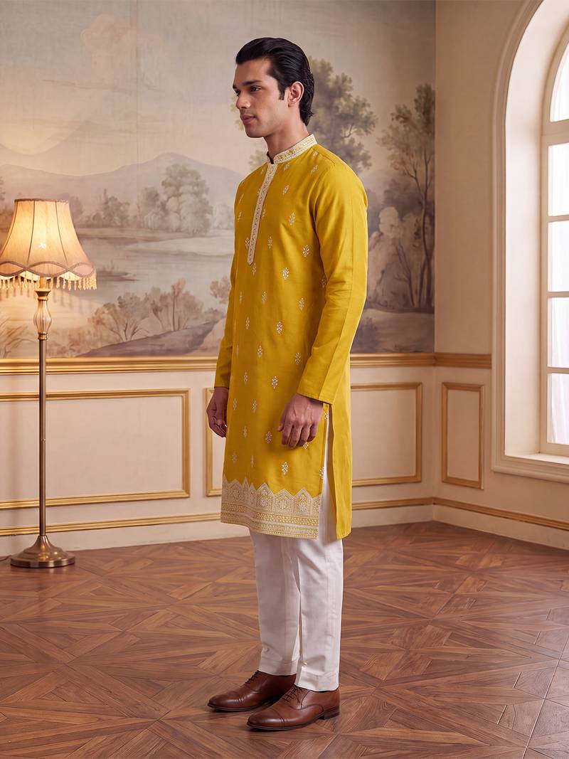 Mens yellow silk blend solid embroidered kurta