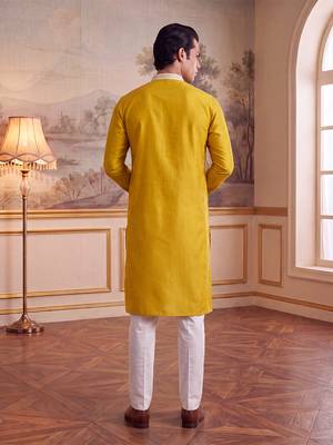 Mens yellow silk blend solid embroidered kurta 4