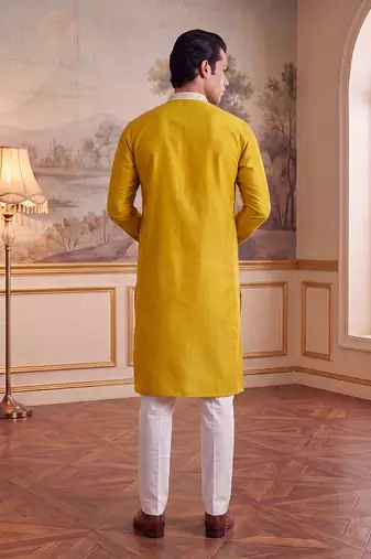 Mens yellow silk blend solid embroidered kurta