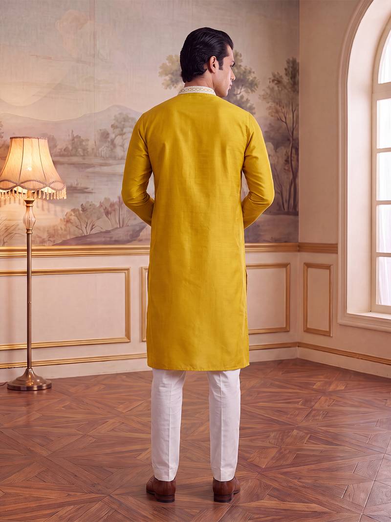 Mens yellow silk blend solid embroidered kurta