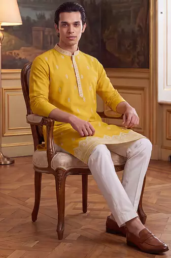 Mens yellow silk blend solid embroidered kurta