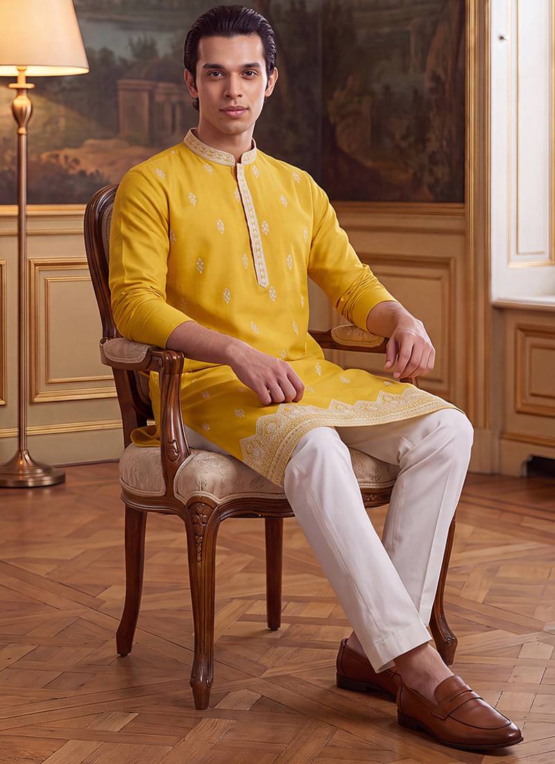 Mens yellow silk blend solid embroidered kurta