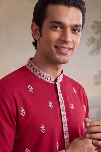 Mens pink silk blend solid embroidered kurta