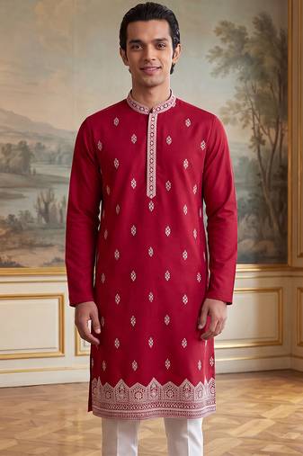 Mens pink silk blend solid embroidered kurta