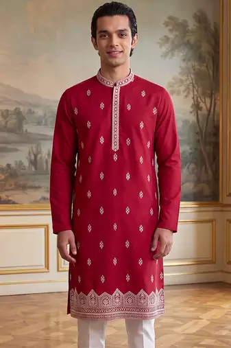 Mens pink silk blend solid embroidered kurta