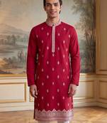 Mens pink silk blend solid embroidered kurta