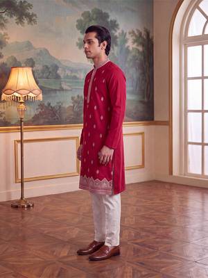Mens pink silk blend solid embroidered kurta 3