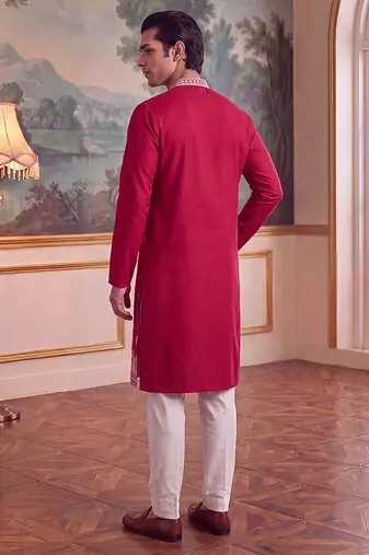 Mens pink silk blend solid embroidered kurta