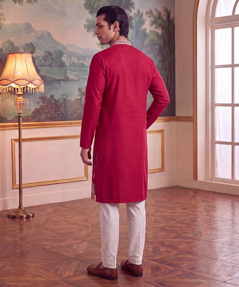 Mens pink silk blend solid embroidered kurta
