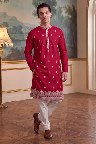 Mens pink silk blend solid embroidered kurta