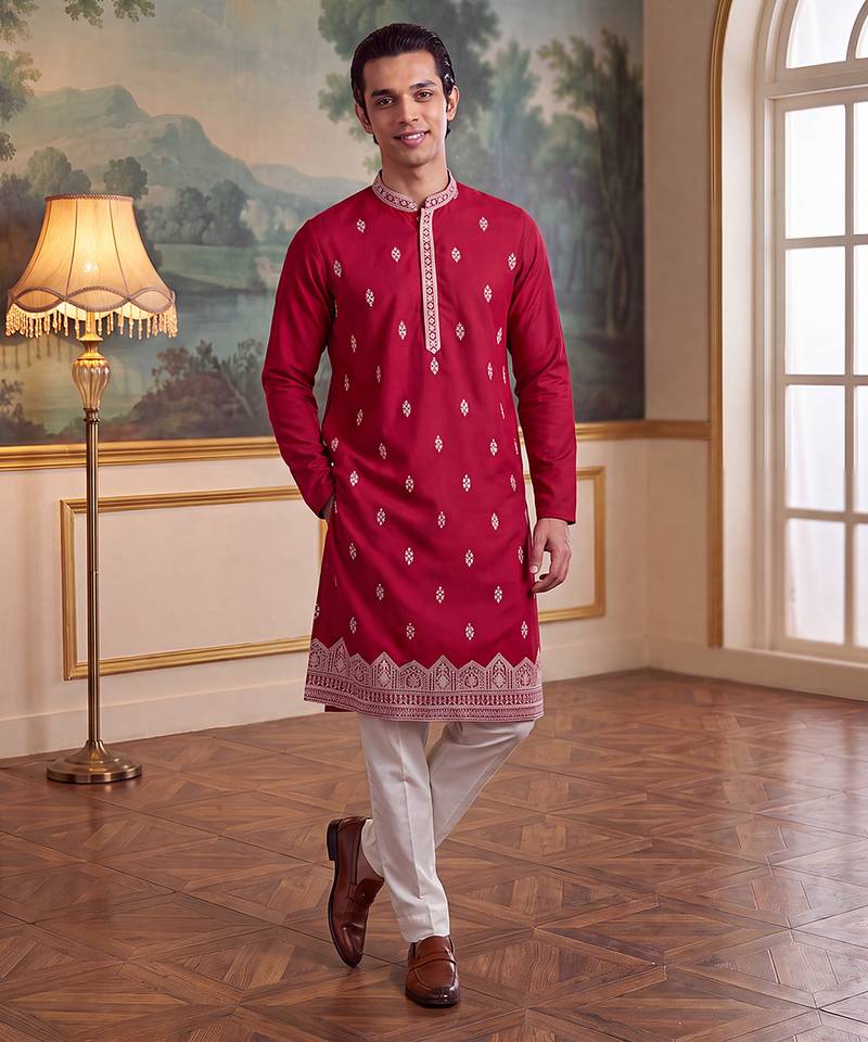 Mens pink silk blend solid embroidered kurta