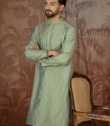 Mens green jacquard solid embroidered kurta