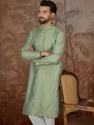 Mens green jacquard solid embroidered kurta 2