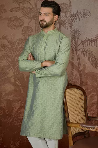 Mens green jacquard solid embroidered kurta
