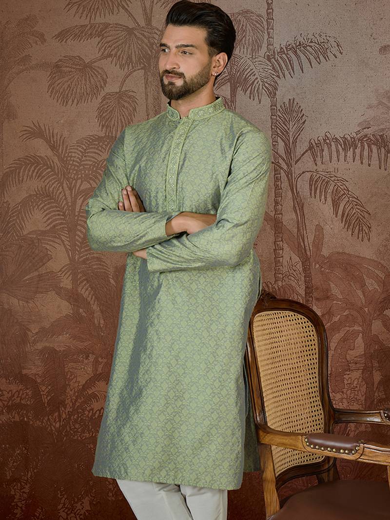 Mens green jacquard solid embroidered kurta