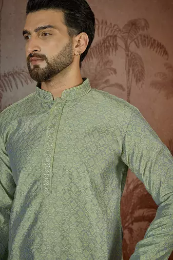 Mens green jacquard solid embroidered kurta