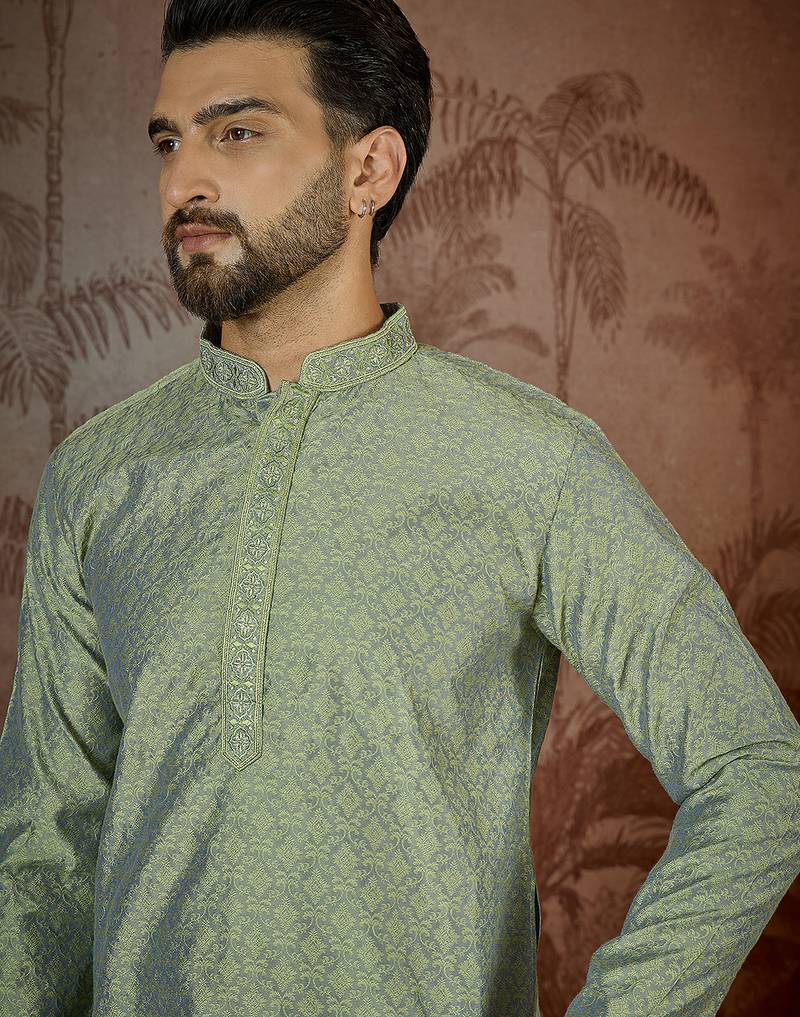 Mens green jacquard solid embroidered kurta