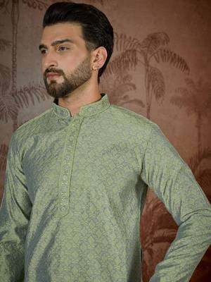 Mens green jacquard solid embroidered kurta 3