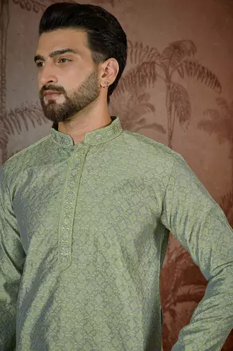 Mens green jacquard solid embroidered kurta