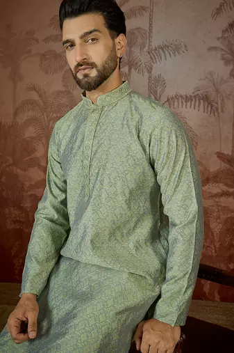 Mens green jacquard solid embroidered kurta