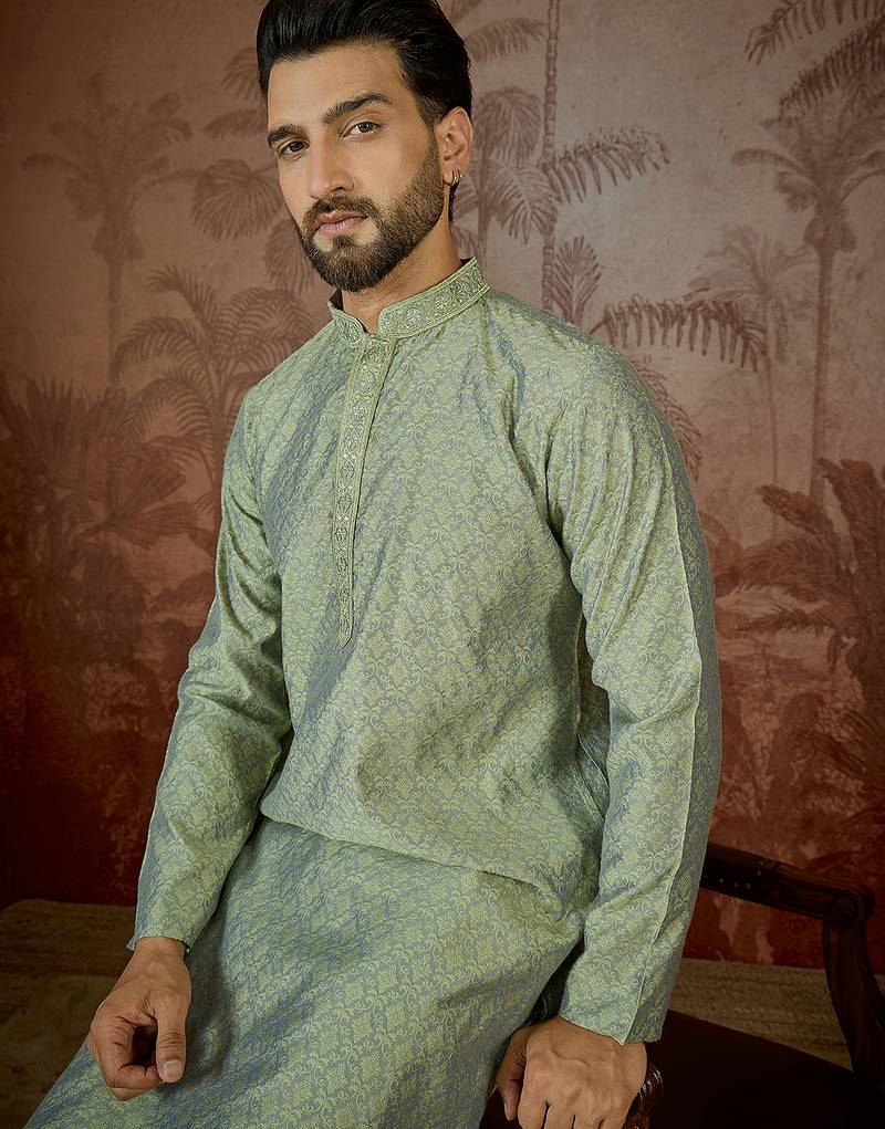 Mens green jacquard solid embroidered kurta