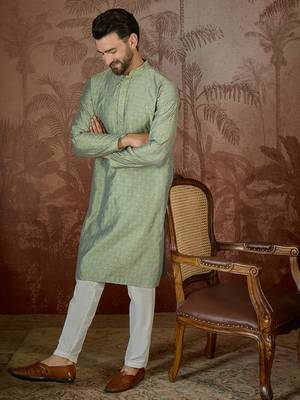 Mens green jacquard solid embroidered kurta 1
