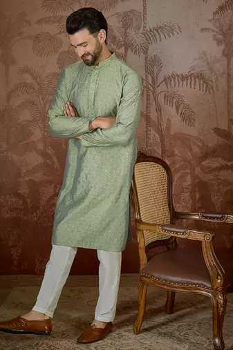 Mens green jacquard solid embroidered kurta
