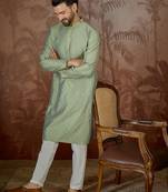 Mens green jacquard solid embroidered kurta