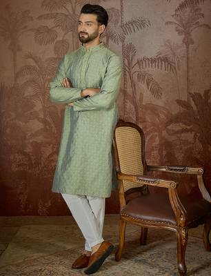 Mens green jacquard solid embroidered kurta 1