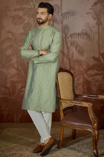 Mens green jacquard solid embroidered kurta