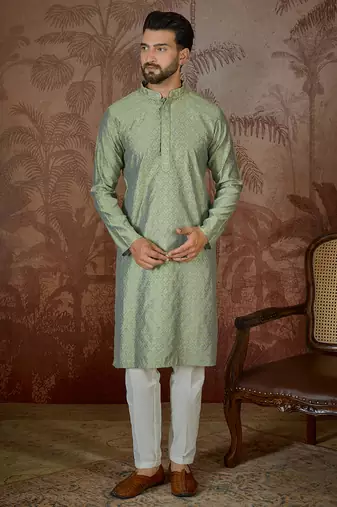 Mens green jacquard solid embroidered kurta