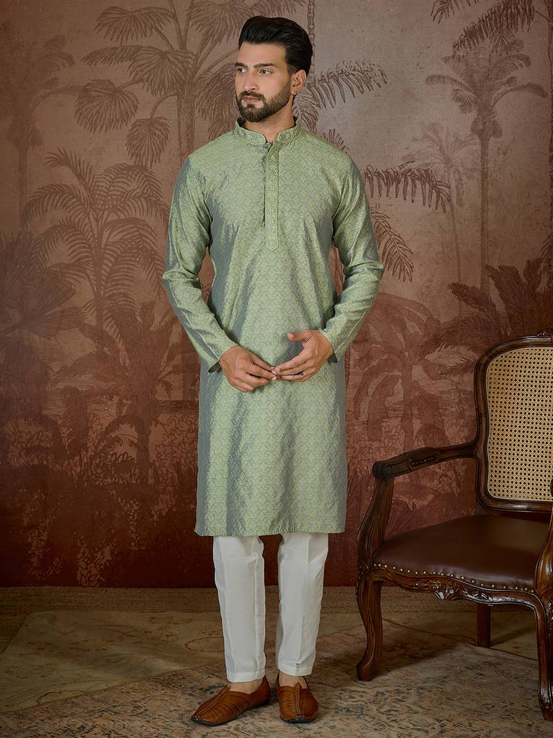 Mens green jacquard solid embroidered kurta