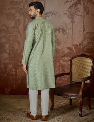 Mens green jacquard solid embroidered kurta 4