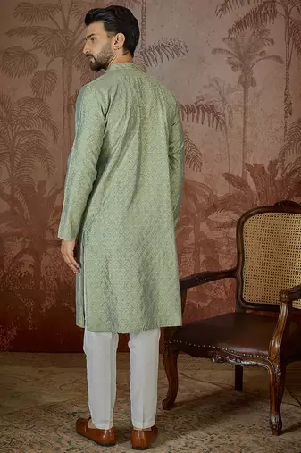 Mens green jacquard solid embroidered kurta