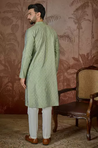 Mens green jacquard solid embroidered kurta