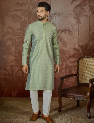 Mens green jacquard solid embroidered kurta 5