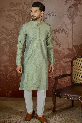 Mens green jacquard solid embroidered kurta