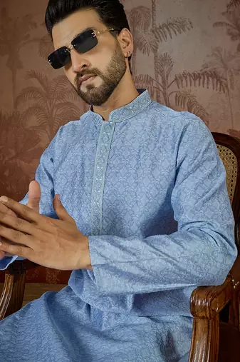 Mens blue jacquard solid embroidered kurta