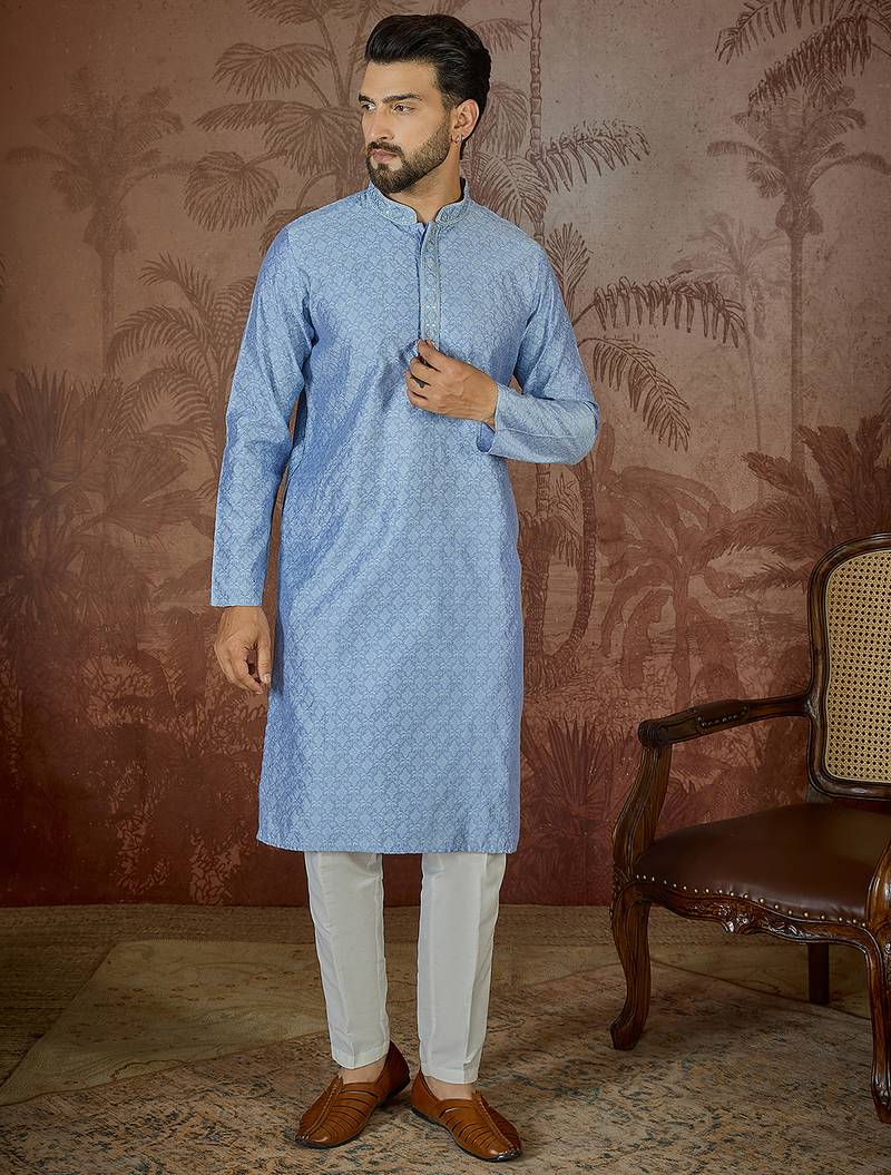 Mens blue jacquard solid embroidered kurta