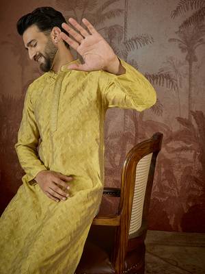 Mens yellow jacquard solid embroidered kurta 3