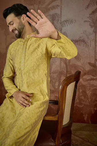 Mens yellow jacquard solid embroidered kurta