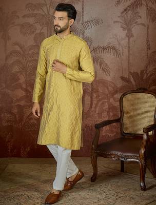 Mens yellow jacquard solid embroidered kurta 1