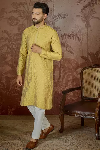 Mens yellow jacquard solid embroidered kurta