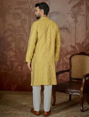 Mens yellow jacquard solid embroidered kurta 4