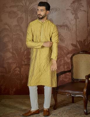 Mens yellow jacquard solid embroidered kurta 5