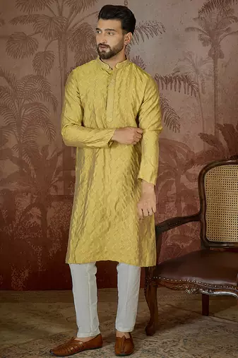 Mens yellow jacquard solid embroidered kurta