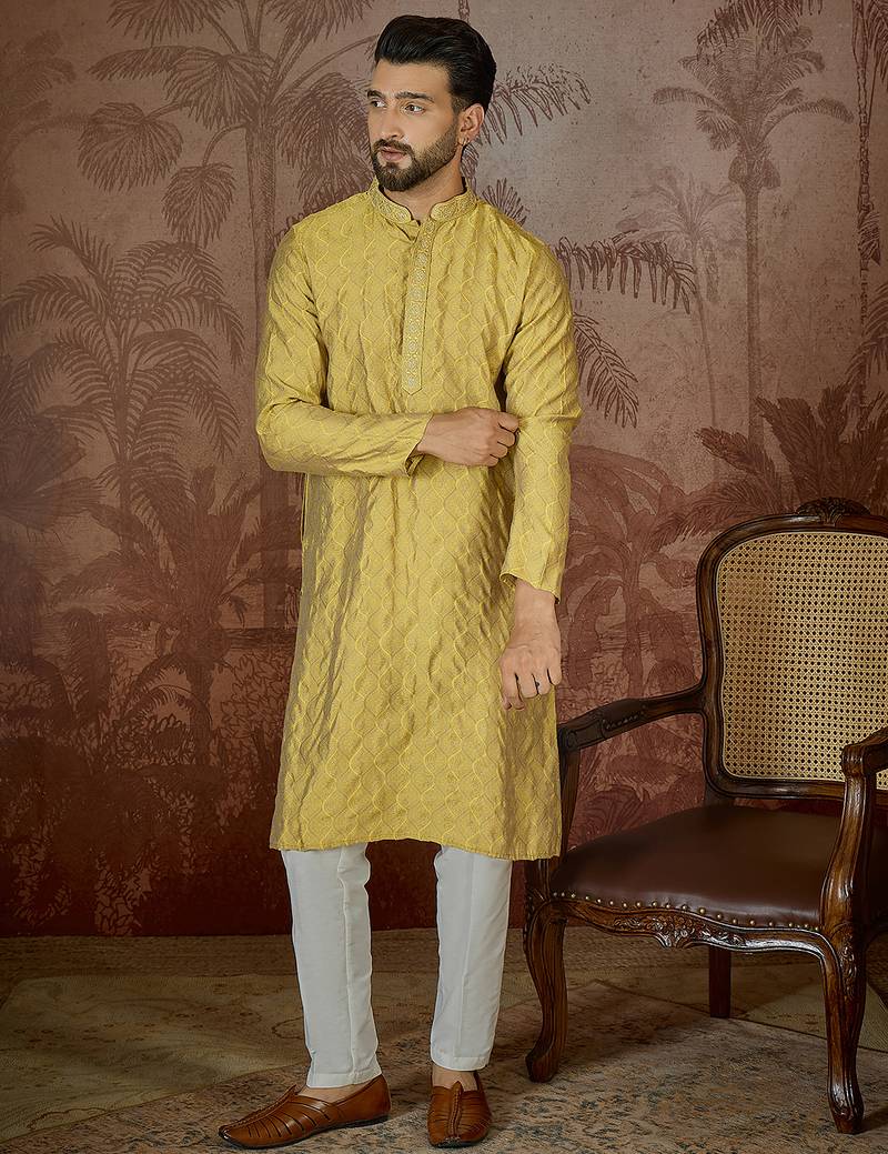 Mens yellow jacquard solid embroidered kurta