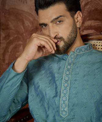 Mens teal jacquard solid embroidered kurta 2